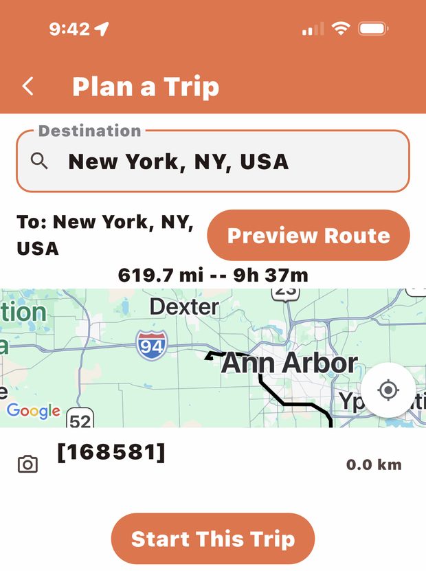 Plan a Trip screen: destination New York, 619.7 miles, 9 hours 37 minutes, with Preview Route and Start This Trip buttons