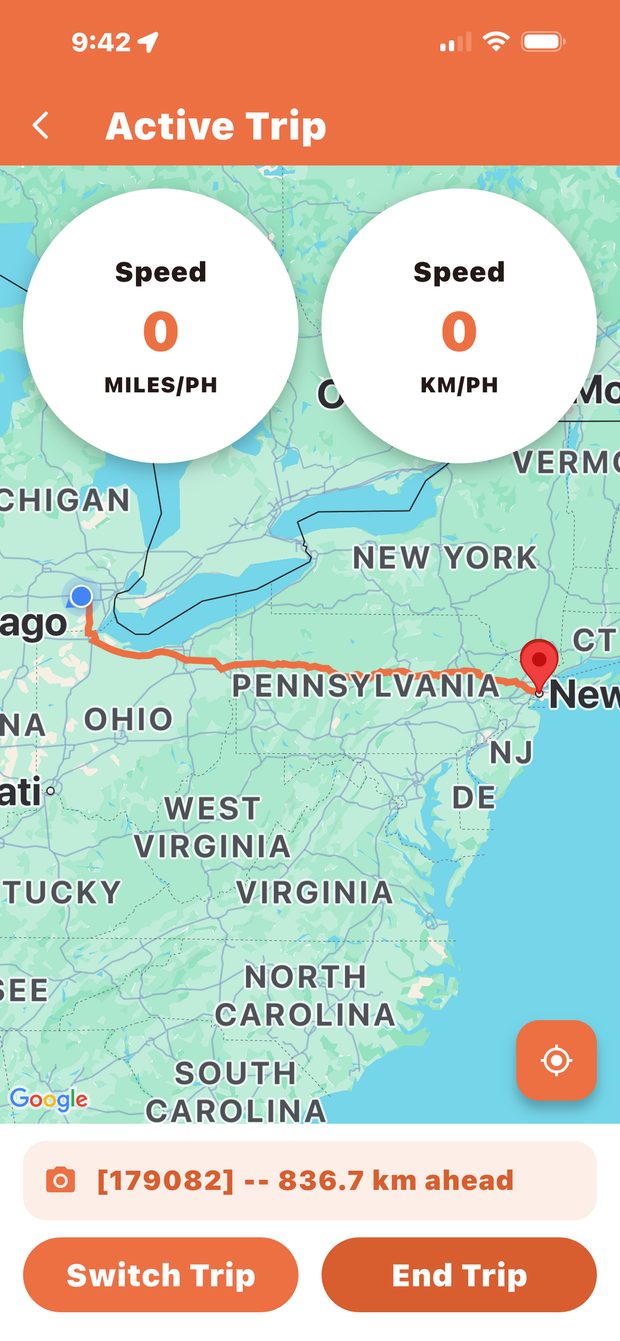 Active trip from Chicago to New York with speed dials and the next camera 836 km ahead
